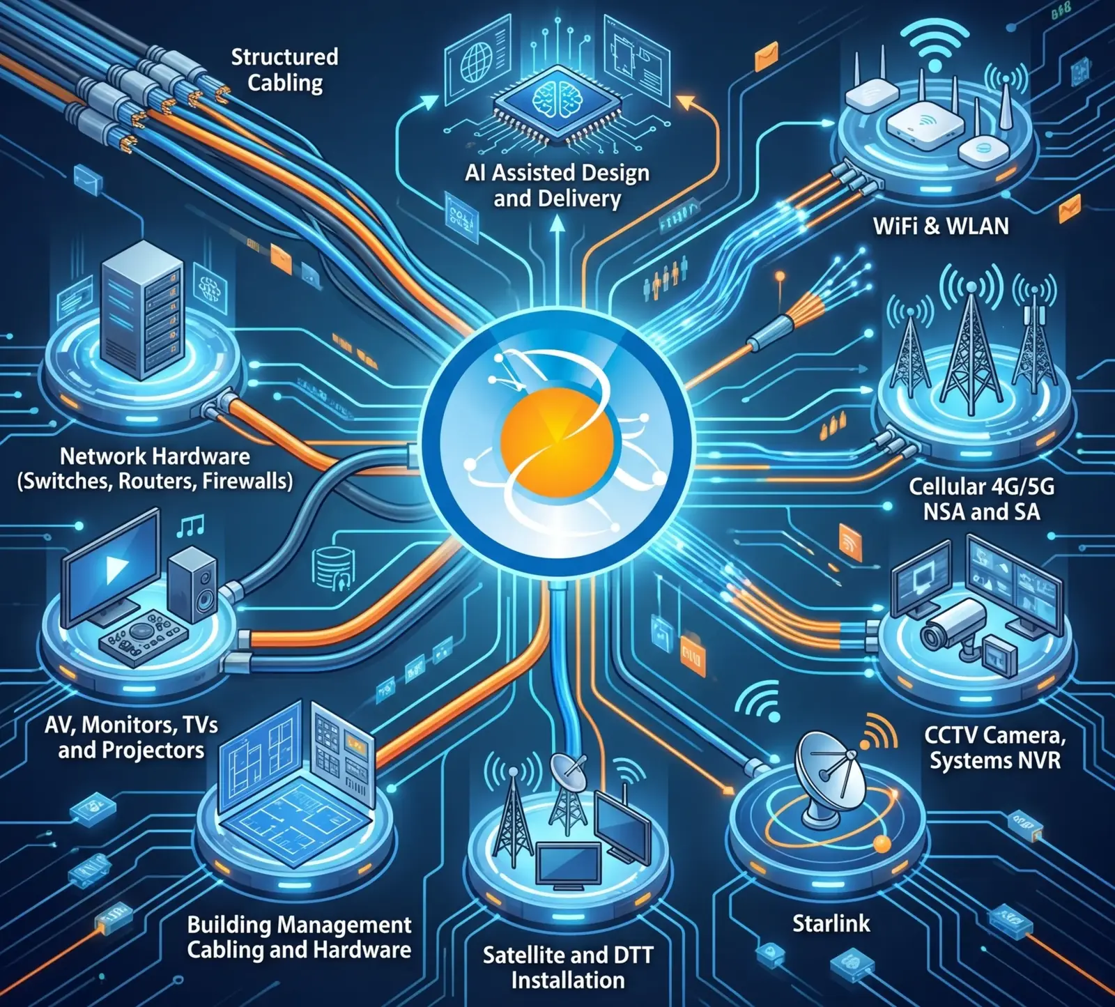 AB Technologies service hub diagram showing structured cabling, WiFi and WLAN, cellular 4G/5G, CCTV camera systems, Starlink, satellite and DTT installation, building management cabling, AV monitors and projectors, network hardware, and AI-assisted design and delivery connected around a central hub